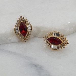 ✔️NWT Vintage Art Deco Gold Tone, Ruby & Cubic Zirconia Earrings